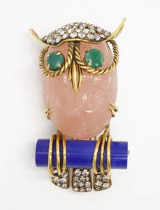 Vintage Designer Iradj Moini Carved Pink Quartz Owl on Lapis Perch Brooch Pin