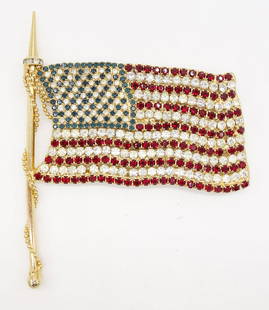 Vintage Patriotic Robert Sorrell Originals Rhinestone American Flag Brooch Pin: This is a vintage patriotic rhinestone encrusted American flag brooch pin by Sorrell Originals. 4 5/8 x 3 3/4"