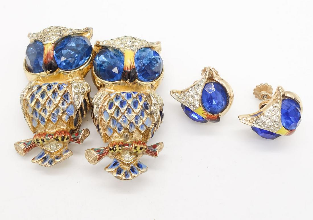 Vintage Coro Duette Sterling Silver Enamel Double Owl Pin Earrings Suite (1 of 3)