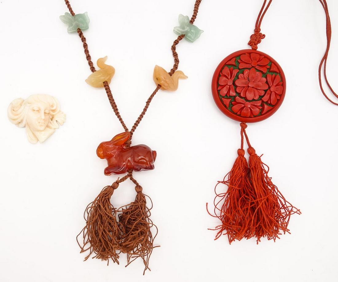 Vintage Group Chinese Carved Stone and Lacquer Necklaces incl Angelskin Coral, Carnelian (1 of 6)