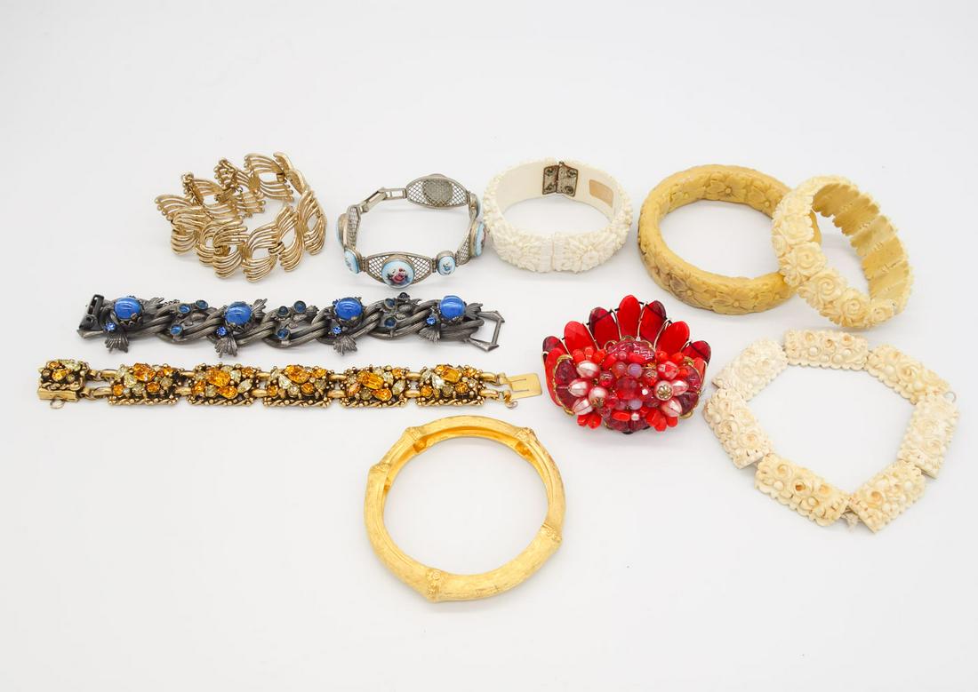 Vintage Lot 10 Bracelets incl Carved Celluloid Floral, Enamel, Rhinestone, Monet, Bracelets (1 of 2)