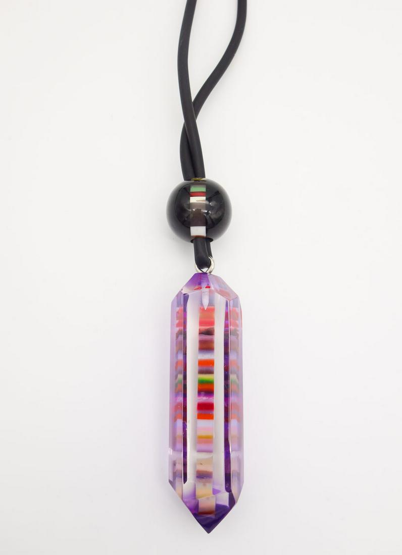 Sobral Pop Art Purple Resin Rainbow Striped Prism Lariat Style Necklace: This is a vintage purple resin lariat style pendant necklace from Brazilian designer Carlos Sobral. The prism is accented with a colorful stripes and adjustable bead. The necklace length is 30". The p