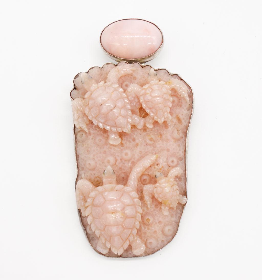 Amy Kahn Russell Sterling Silver Carved Turtles Rose Quartz Necklace Pendant (1 of 2)