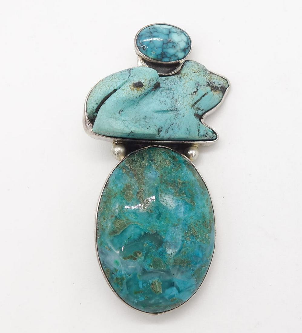 Vintage Designer Amy Kahn Russell Sterling Silver Turquoise Carved Frog Motif Pendant Brooch (1 of 3)