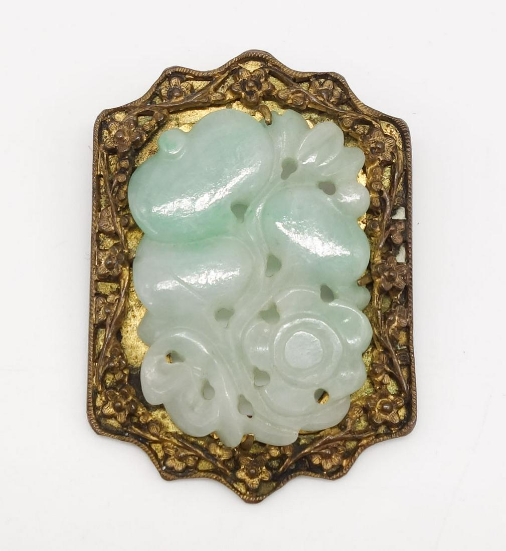 Vintage Chinese Brass Filigree Carved Green Jadeite Pomegranate Flower Brooch Pin (1 of 3)