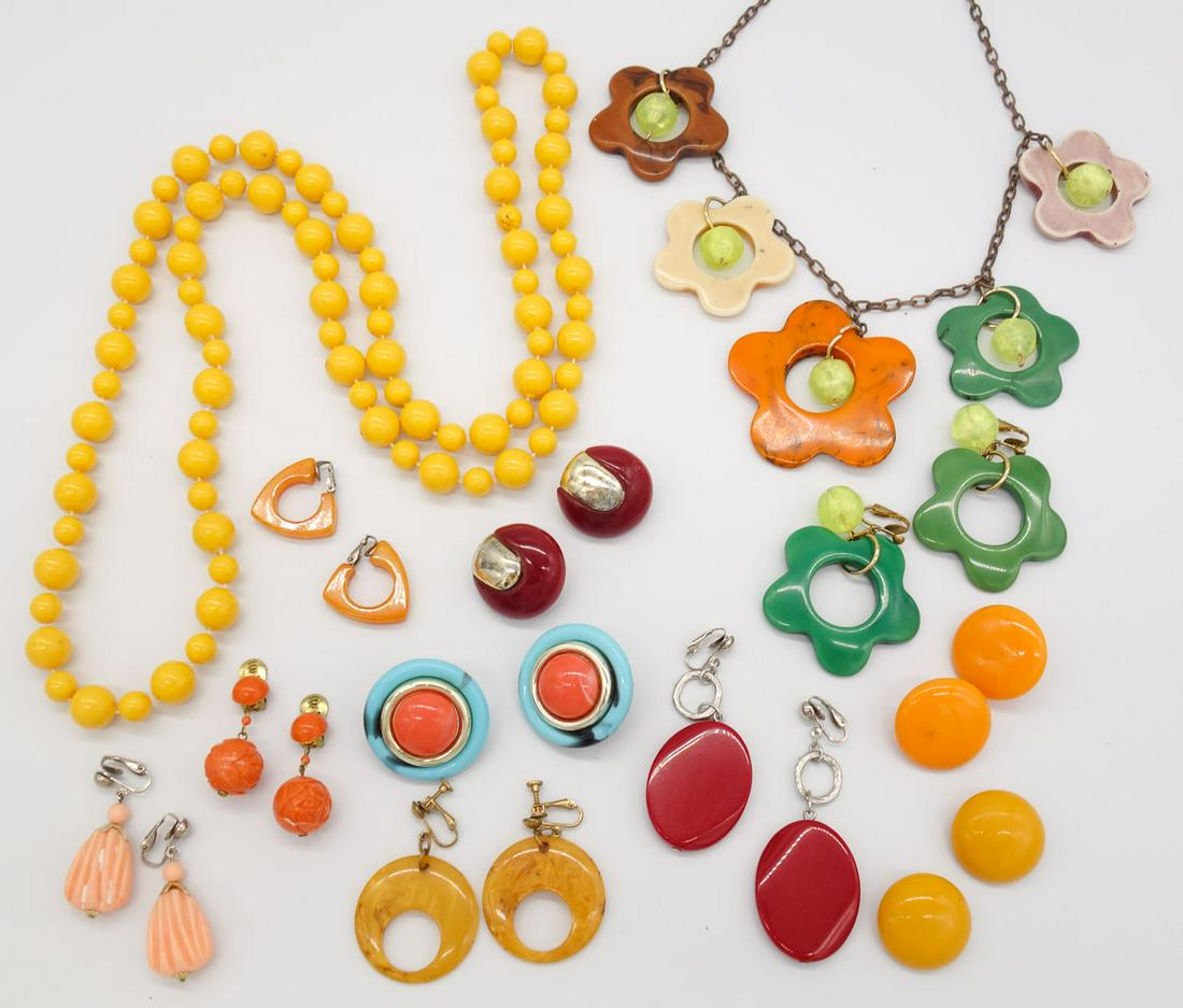 Vintage Mid Century Early Plastic Necklaces and Earrings include Floral, Bead, Marbled (1 of 3)