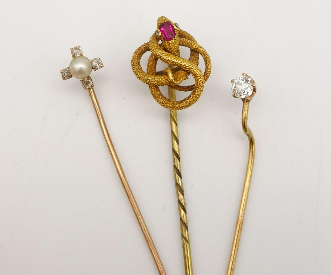 Vintage Lot 3 Stick Pins incl 14K Gold, Diamond, Pearl, Snake Motif (1 of 3)