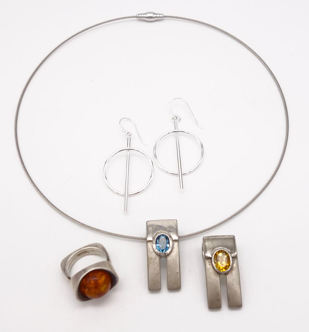 Vintage Modernist Sterling Silver Gemstone Necklace Pendants Earrings Ring incl Amber Topaz (1 of 3)