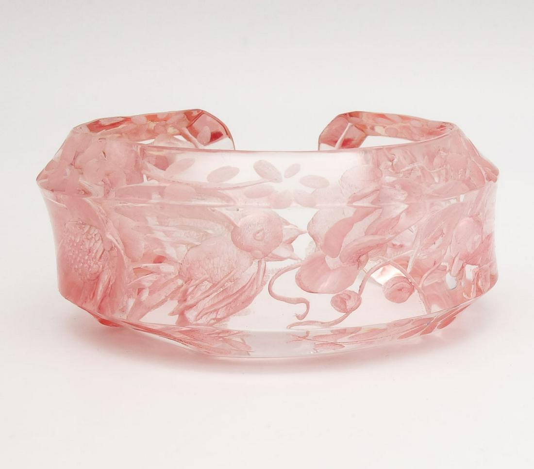 Designer Joyce Francis Reverse Carved Flower and Bird Pink Acrylic Cuff Bracelet (1 of 6)