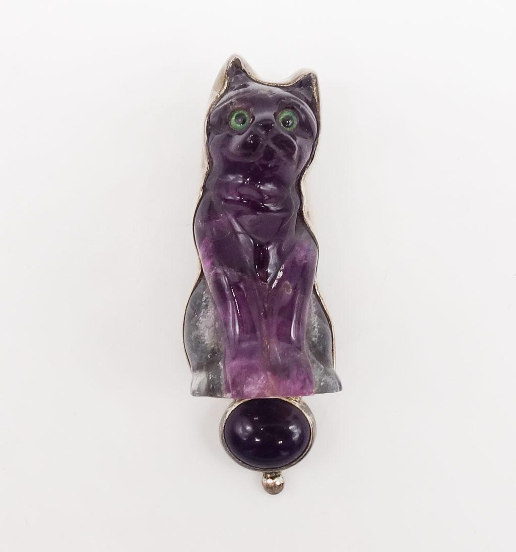 Vintage Amy Kahn Russell Sterling Silver Amethyst Figural Cat Brooch Pin (1 of 3)