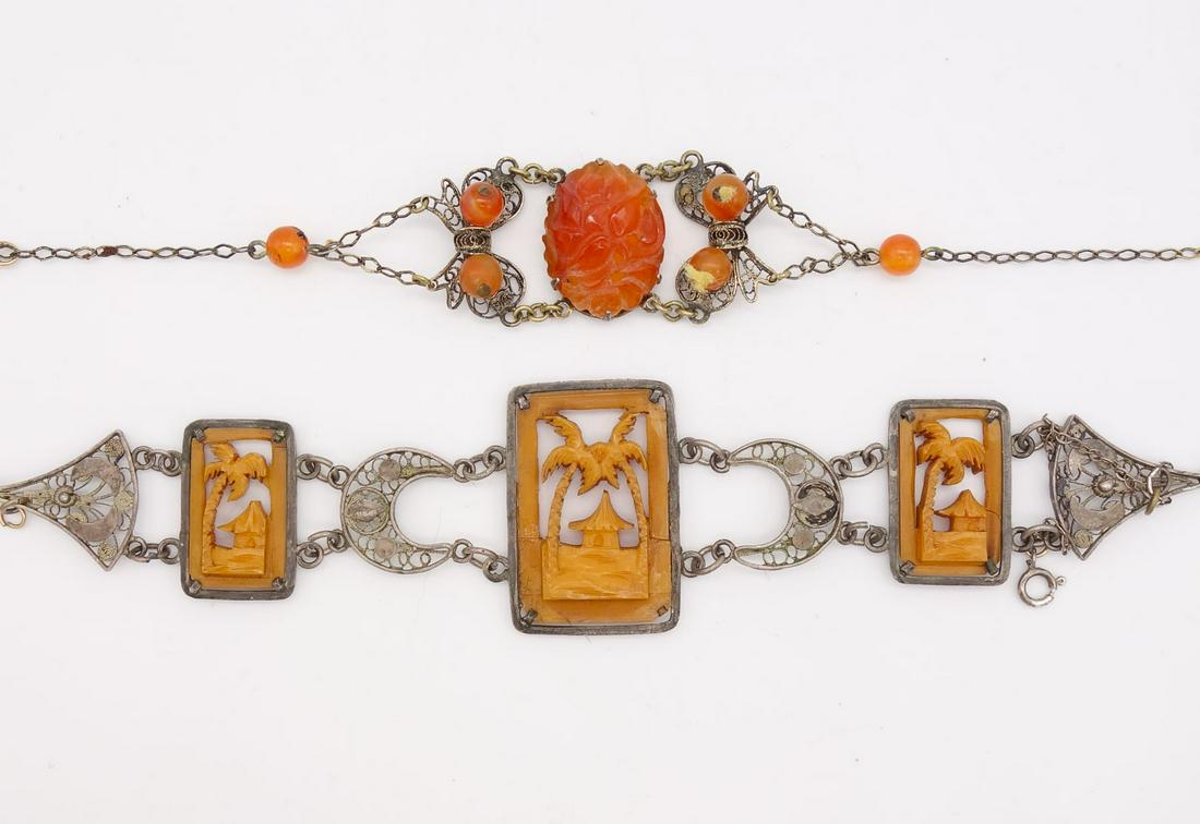 Vintage Chinese Silver Filigree Floral and Tropical Panel Bracelets incl Carnelian (1 of 3)