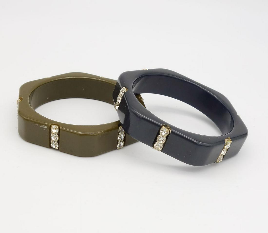 Vintage Mid Century Black and Olive Green Rhinestone Bakelite Bangle Bracelets (1 of 3)