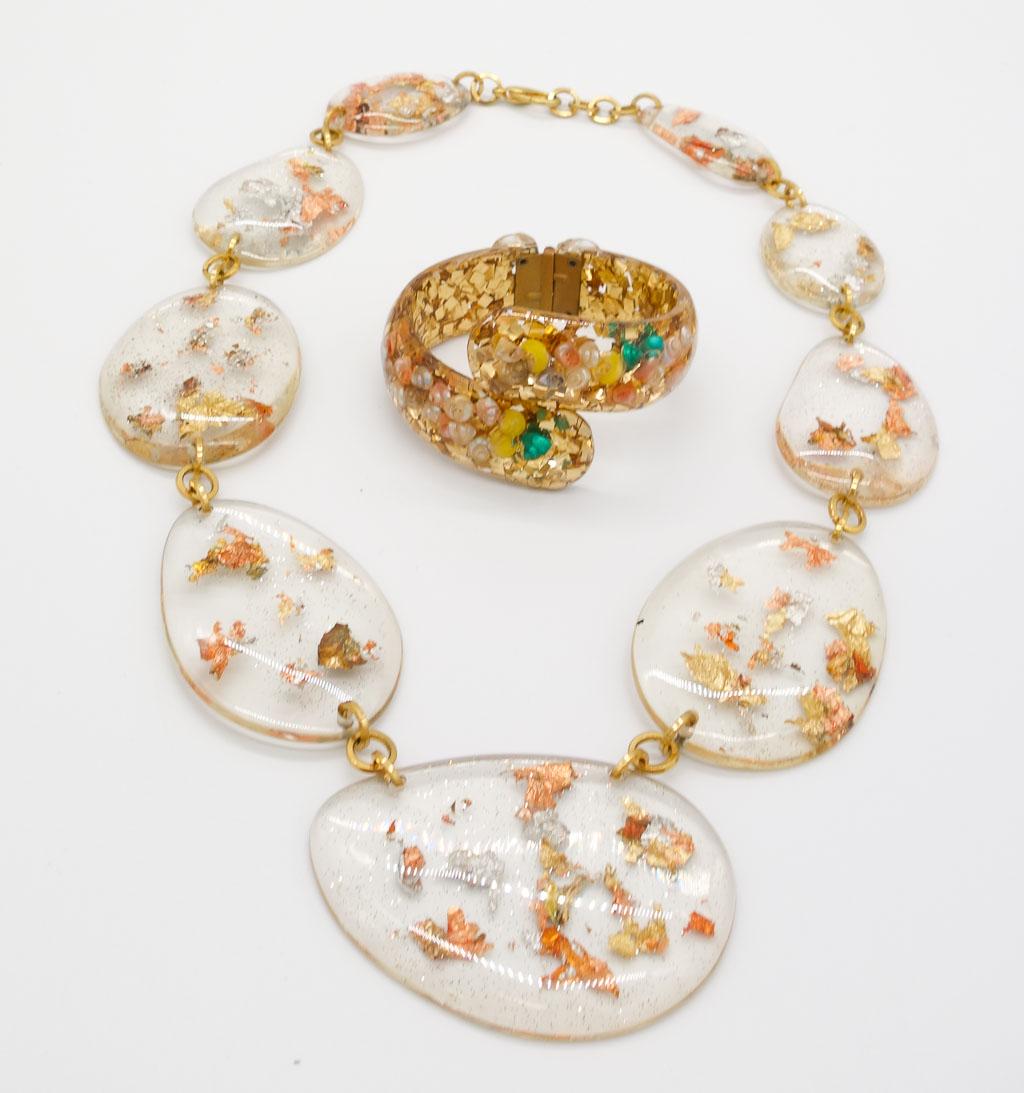 Vintage Resin Gold Silver Copper Leaf Necklace and Glitter Seashell Bypass Hinged Bracelet (1 of 5)