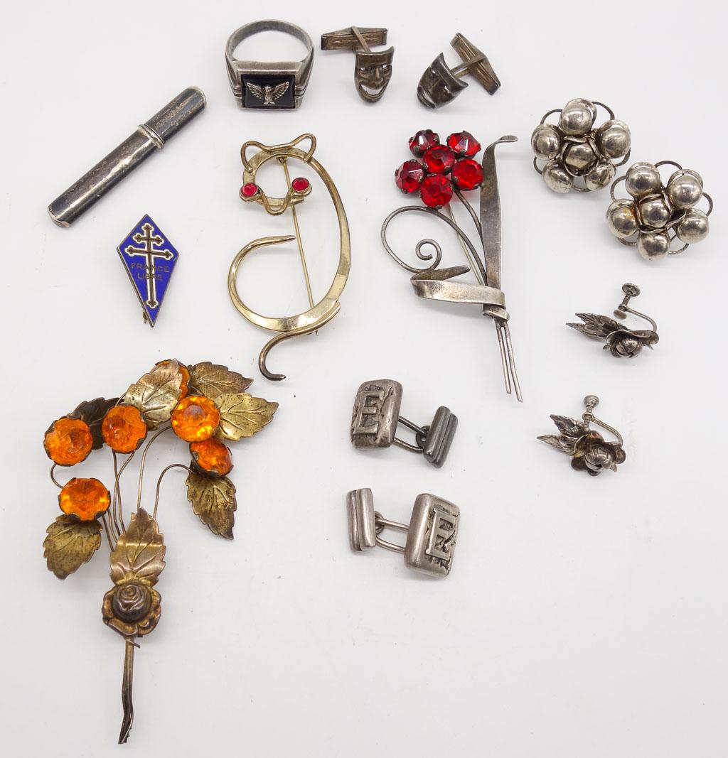 Vintage Group Sterling Silver Jewelry incl Brooches, Cufflinks, Earrings, Ring, Needle Case (1 of 2)