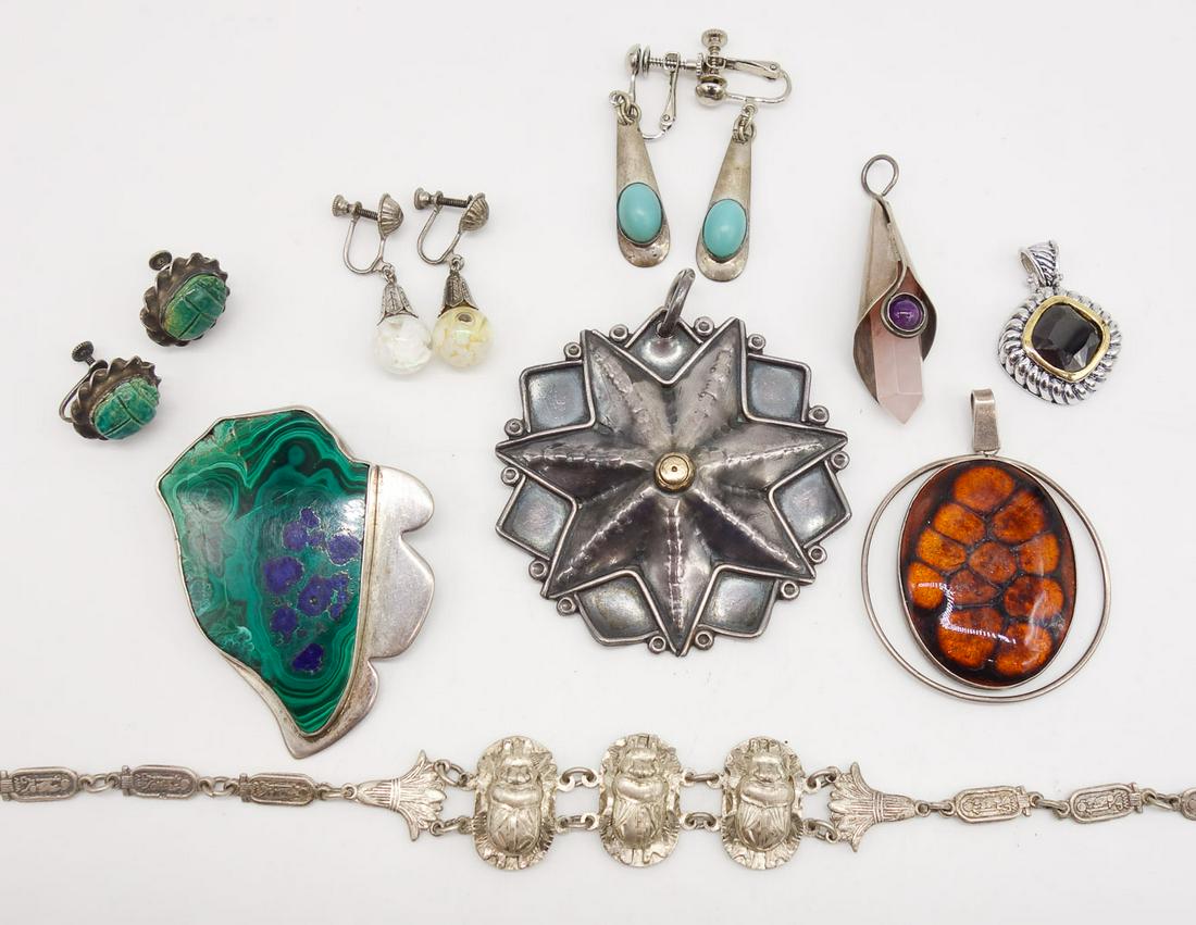 Vintage Group Sterling Silver Jewelry incl Egyptian Scarabs, Turquoise, Malachite, Amethyst (1 of 2)