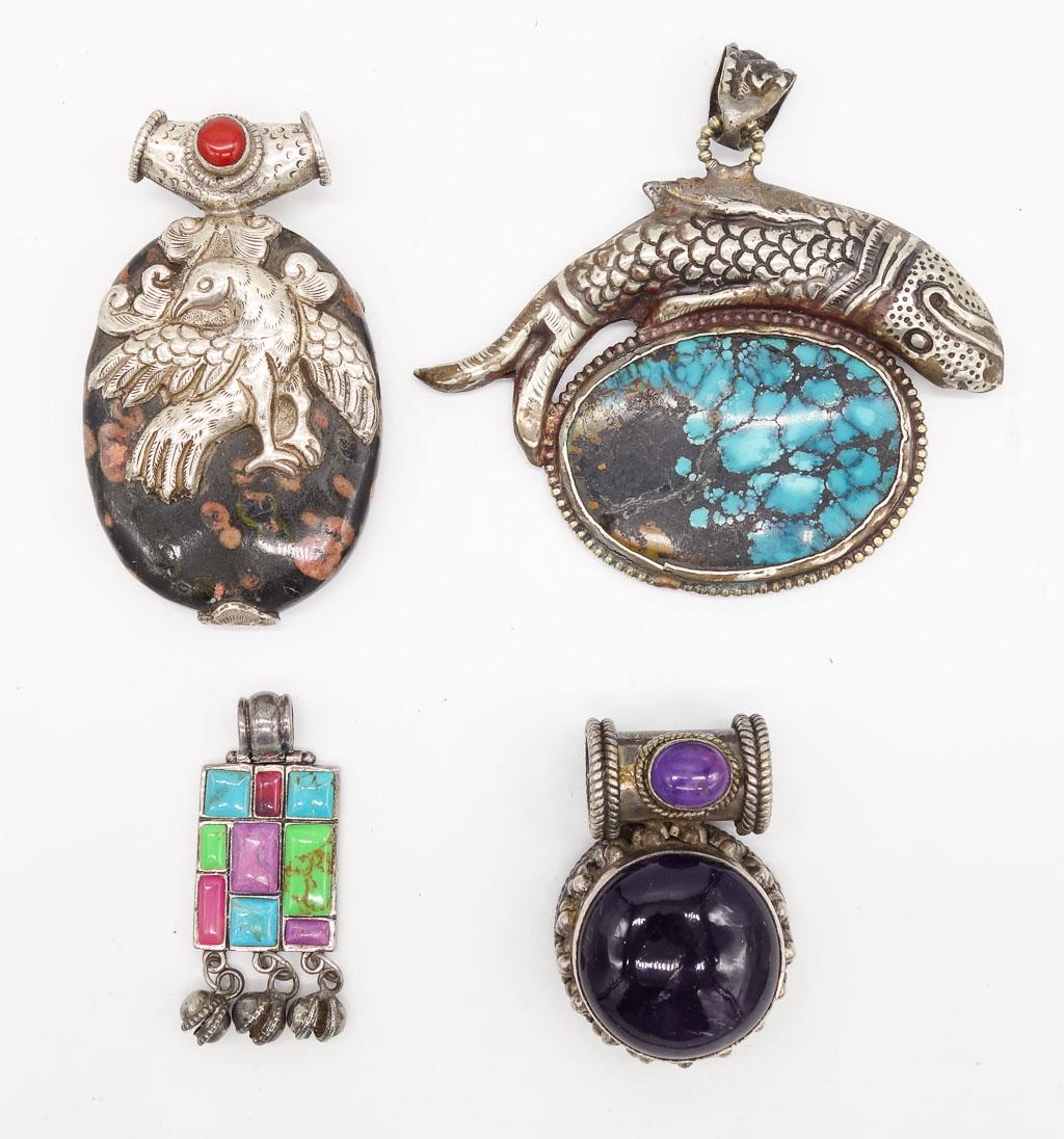 Vintage Group Sterling Silver Jewelry incl Amethyst, Turquoise, Elephant, Fish Pendants (1 of 2)