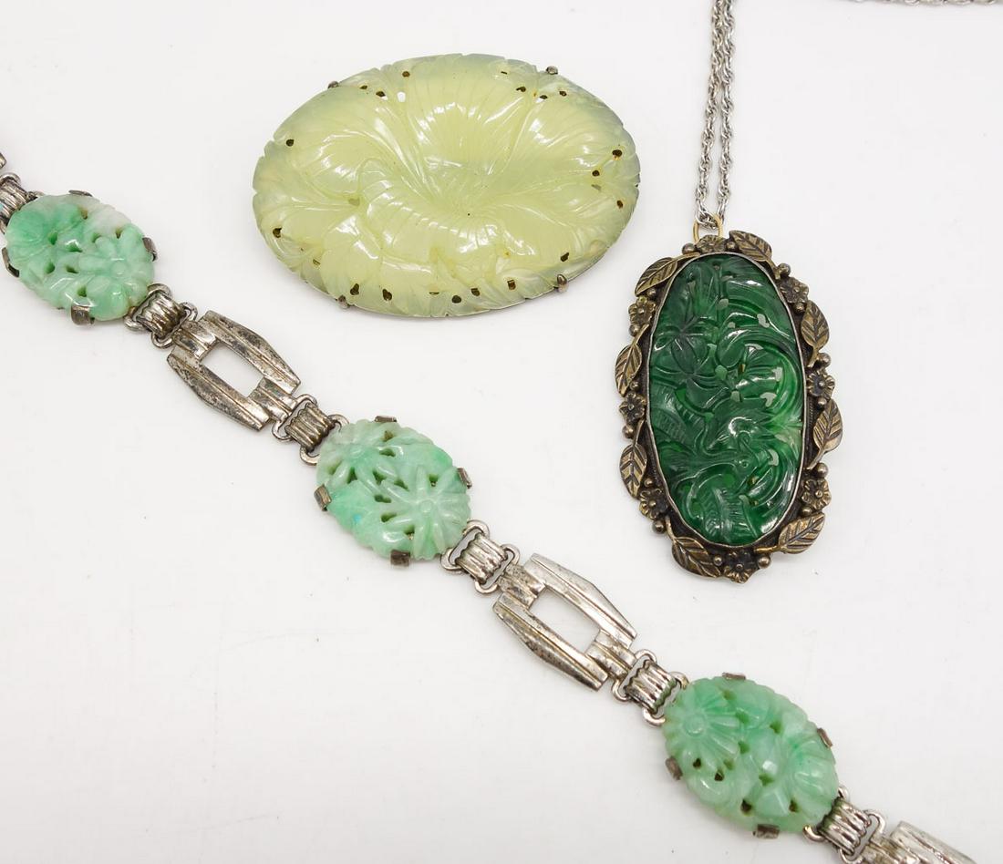 Vintage Sterling Silver Carved Floral Jadeite Brooch Bracelet Pendant (1 of 2)