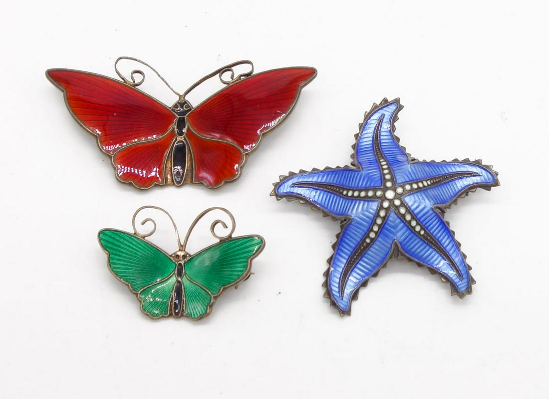 Vintage Norway 925S Sterling Silver Guilloche Enamel Butterflies, Starfish Pins incl David Andersen (1 of 3)