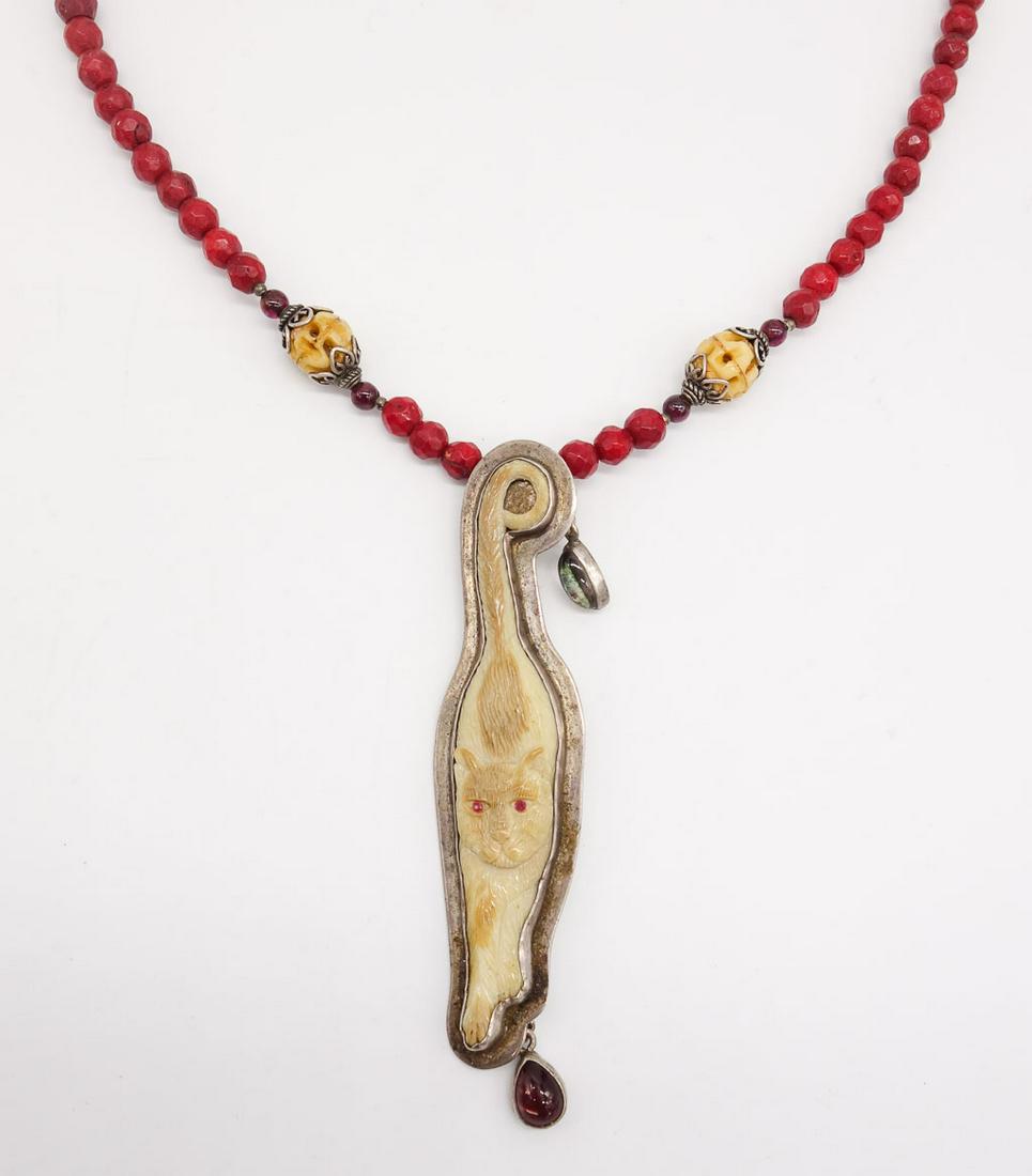 Vintage Amy Kahn Russell Sterling Silver Carved Walking Cat Pendant Necklace (1 of 3)