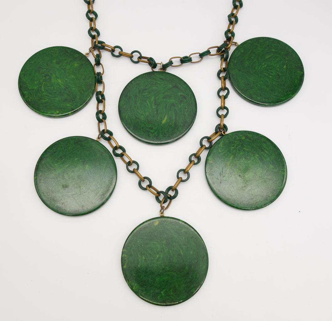 Vintage Mid Century Large Marbled Green Large Bakelite Disc Necklace (1 of 3)