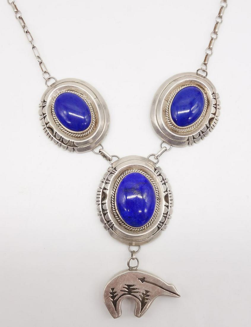 Jonathan Nez Native American Navajo Sterling Silver Blue Lapis Lazuli Bear Pendant Necklace (1 of 4)
