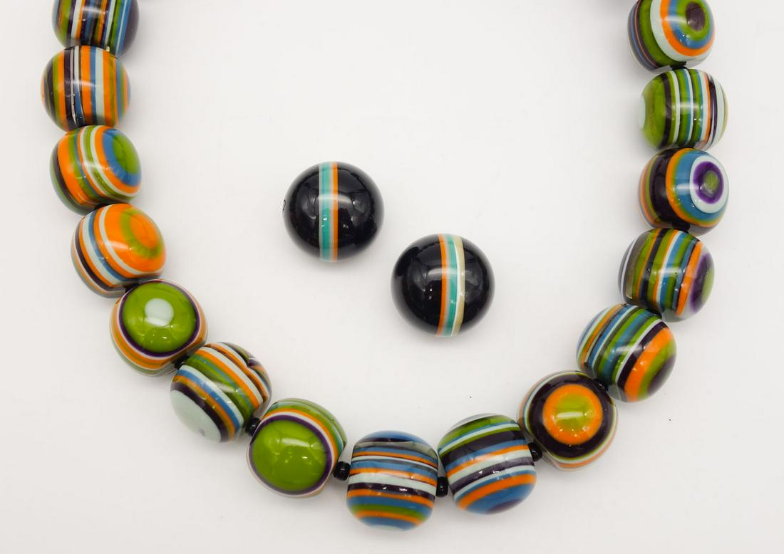 Sobral Pop Art Colorful Resin Bead Necklace and Earrings Suite: This is a vintage necklace and earrings suite from Brazilian designer Carlos Sobral. The set features colorful striped beads. The necklace is 20" long and the earrings are each 1" diameter.