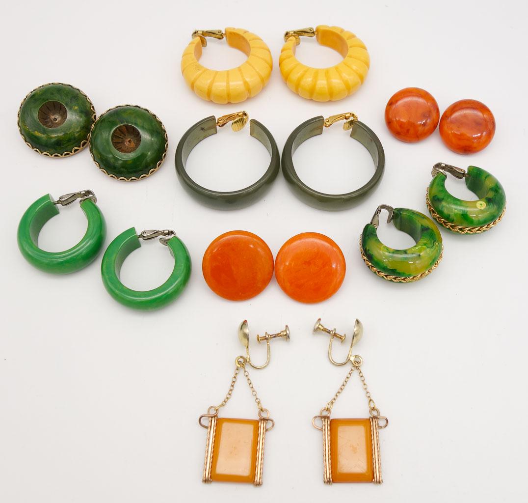 Vintage Mid Century Colorful Lot of 8 Pairs of Bakelite Earrings (1 of 2)