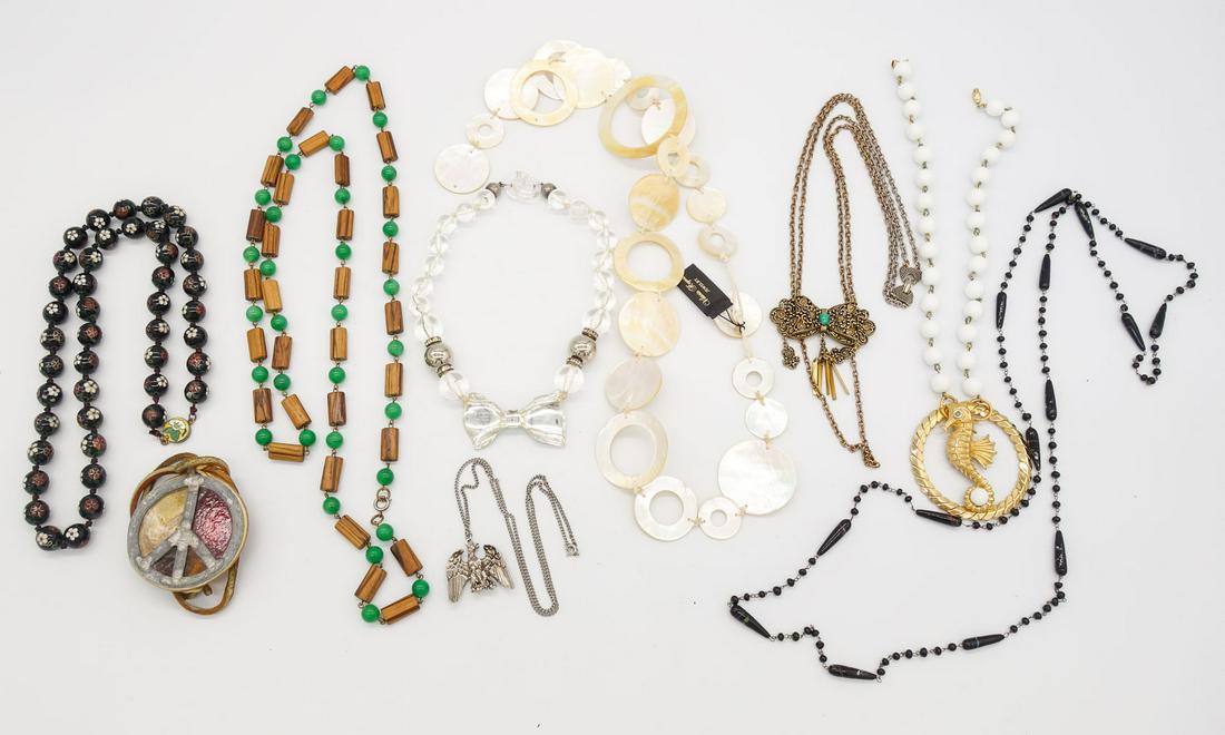 Vintage Lot 9 Necklaces and Pendants incl Bobley Seahorse Motif, Lucite Bow, MOP, Peace Sign (1 of 4)