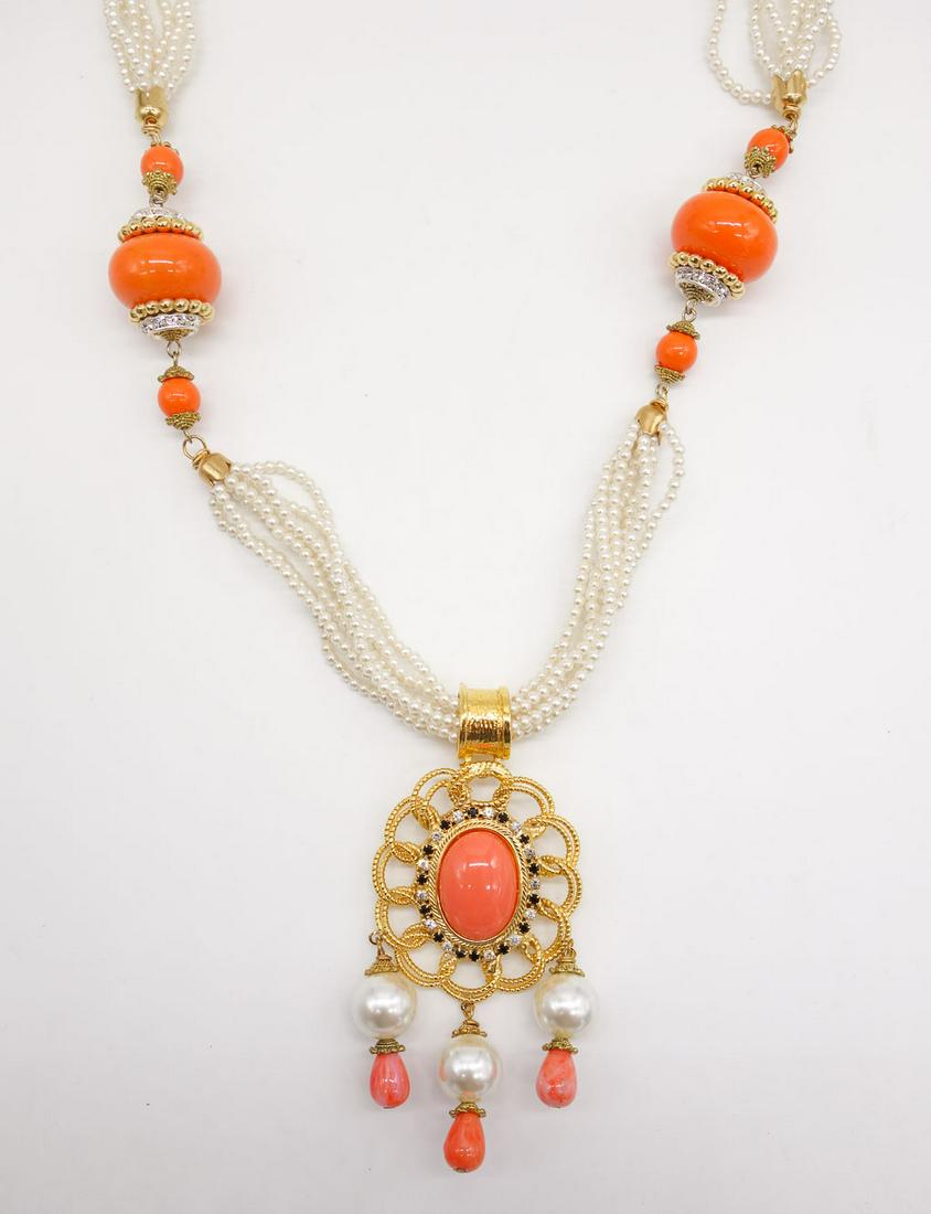 Vintage Mid Century Lawrence VRBA Rhinestone Pearl Torsade Faux Coral Pendant Necklace (1 of 3)