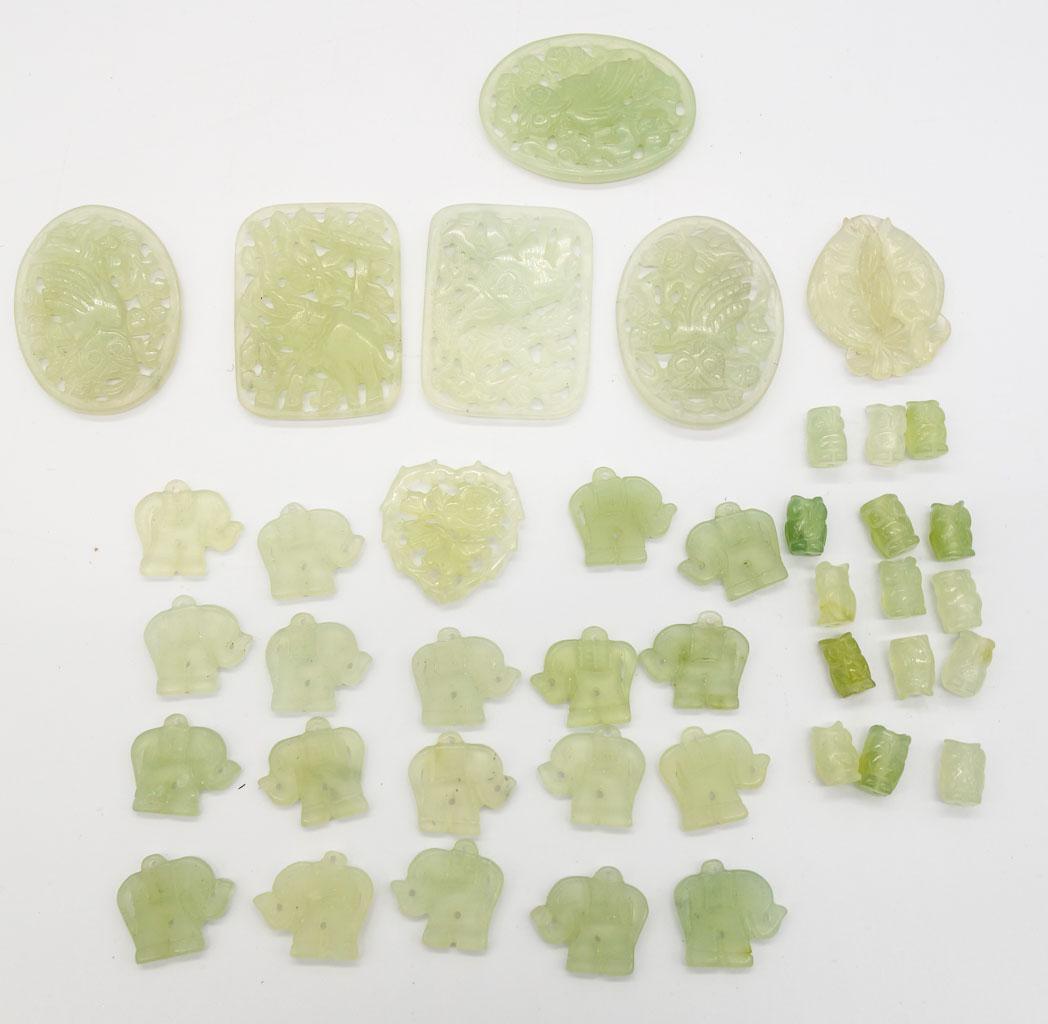 Group 41 Asian Carved Green Hardstone Beads, Dangles, and Panels (1 of 2)