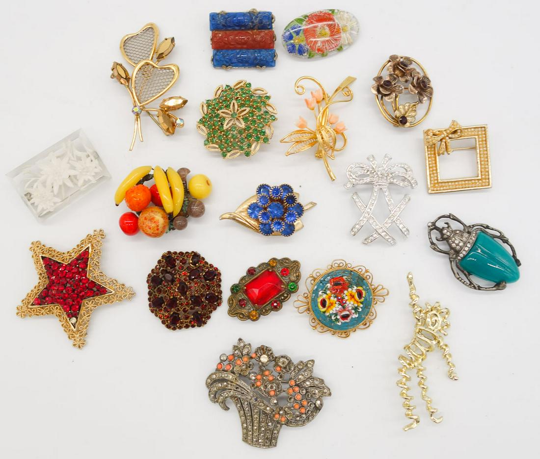 Vintage Lot 18 Brooch Pins incl Sterling Silver, Jewels, Nemo, Italian Micro Mosaic, Wiesner (1 of 5)