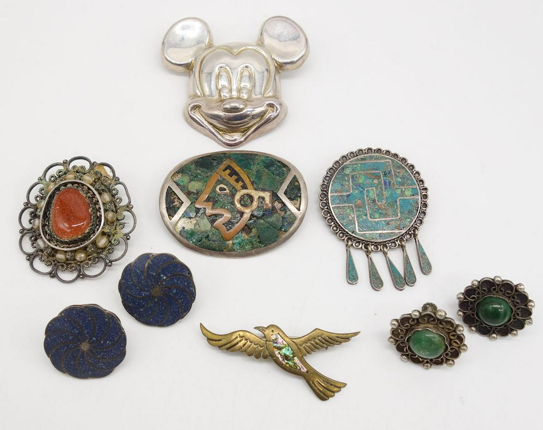 Vintage Designer Mexican Sterling Silver Jewelry incl Mickey Mouse Brooch, Goldstone (1 of 2)