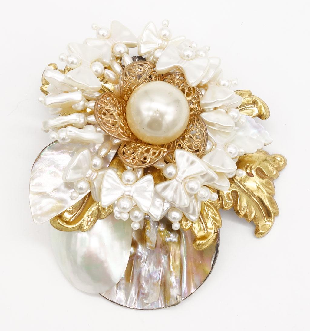 Vintage Lawrence VRBA Designer Shell Pearl Bow Large Ornate Brooch Pin for Restoration (1 of 3)