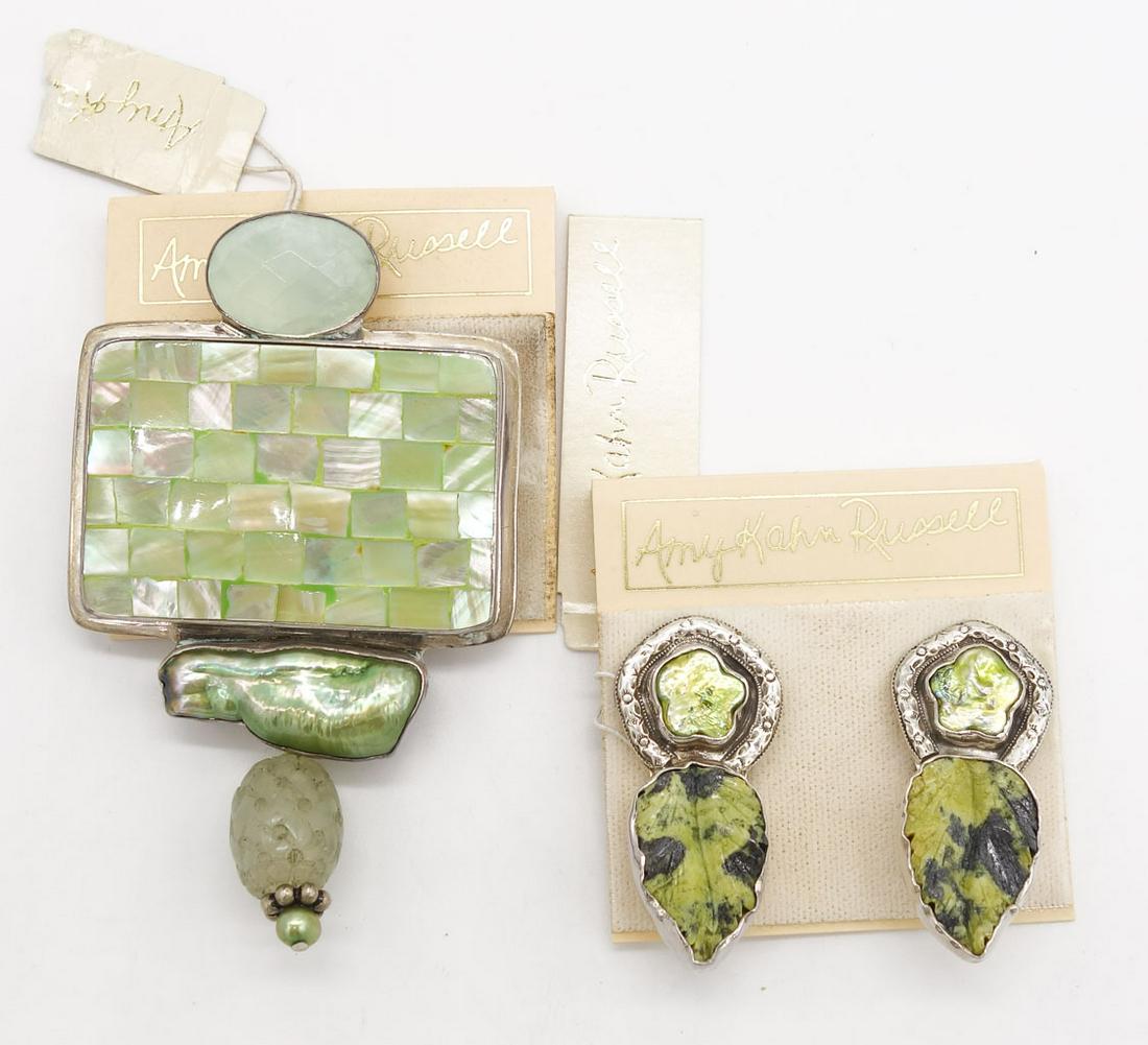 Vintage Amy Kahn Russell Sterling Silver Brooch and Earrings incl New Jade, Serpentine (1 of 2)