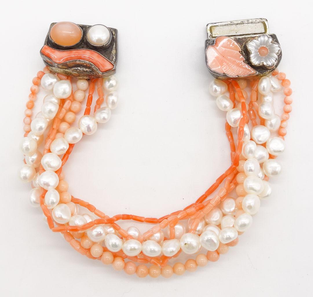 Vintage Amy Kahn Russell Sterling Silver Coral Pearl Multi Strand Bracelet (1 of 4)