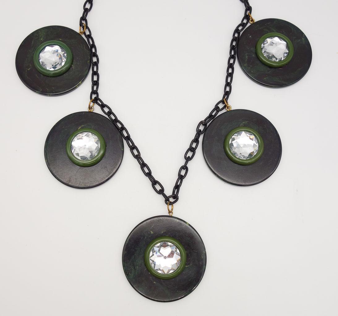 Vintage Mid Century Large Marbled Green Bakelite Disc Jeweled Necklace (1 of 3)