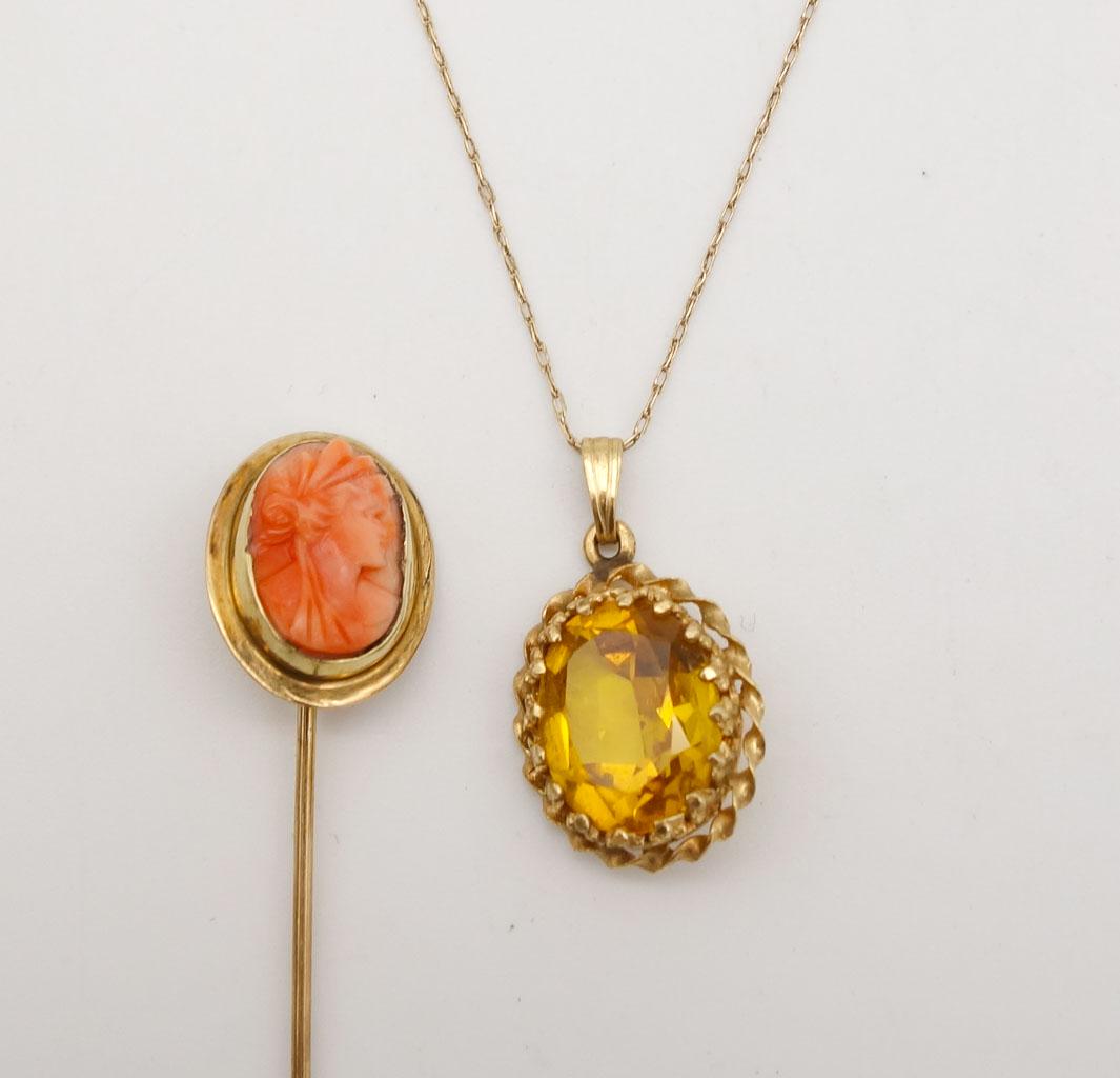 Vintage 14K Gold Citrine Necklace Pendant and Carved Coral Cameo 14K Gold Stick Pin (1 of 5)