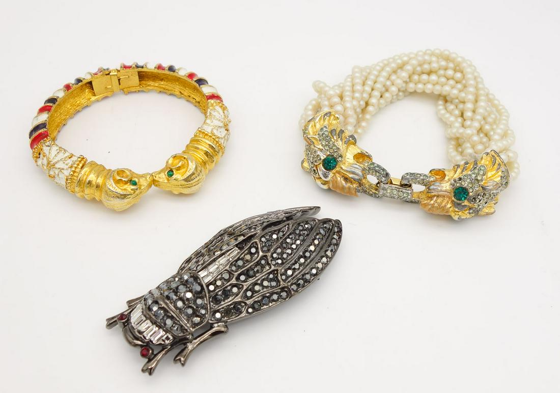 Vintage Designer Kenneth Jay Lane KJL Lion Rams Head Bracelets, Flying Insect Brooch (1 of 4)