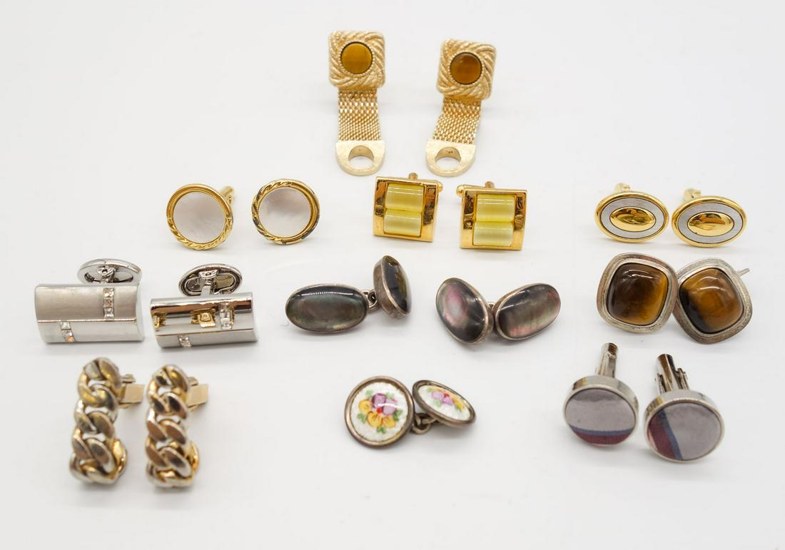 Vintage Lot 10 Cufflinks incl MOP, Enamel, Sterling Silver, Tigers Eye: This is a vintage lot of 10 pairs of cufflinks including jewels, fabric, Tigers Eye, Mother of Pearl, Abalone, Sterling silver, enamel, mesh, and more. The pair of Tiger's Eye mesh cufflinks are 2 1/2
