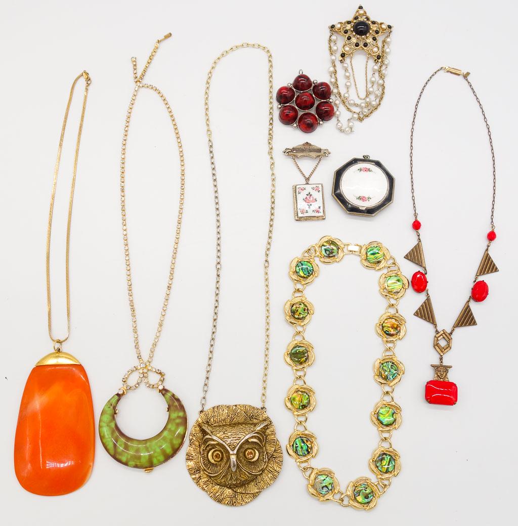 Vintage Lot 9 Necklaces, Pendants, Pins incl Reed Barton, Guilloche Enamel Locket, Compact, Abalone (1 of 2)