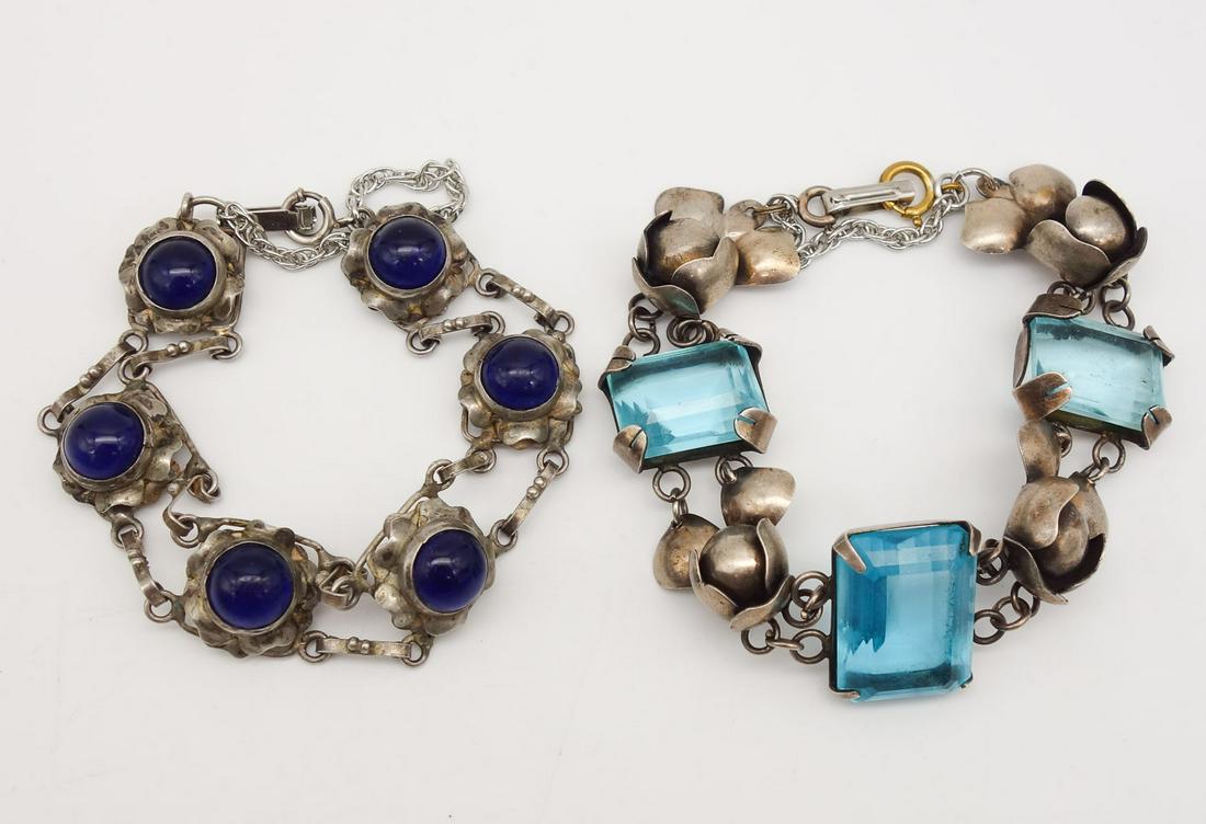 Vintage Lot 2 Sterling Silver Floral Blue Rhinestone Bracelets (1 of 4)