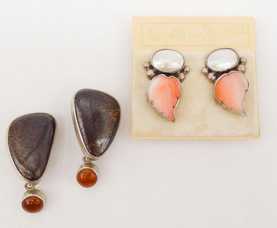 Vintage 2 Pairs Amy Kahn Russell Sterling Silver Earrings incl MOP, Boulder Opal: This is a lot of 2 pairs of vintage sterling silver earrings made by Amy Kahn Russell. Includes boulder opal, Mother of pearl, agate, and more. The pair with the brown opal are each 1 1/2" long. The M