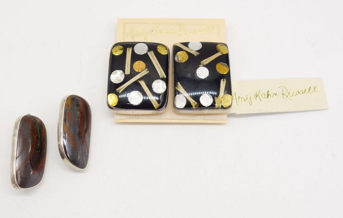 Vintage 2 Pairs Amy Kahn Russell Sterling Silver Earrings incl Boulder Opal: This is a lot of 2 pairs of vintage sterling silver earrings made by Amy Kahn Russell. includes boulder opal and horn. Each earring is 1 1/4" long. The total weight of the pair is 40g.