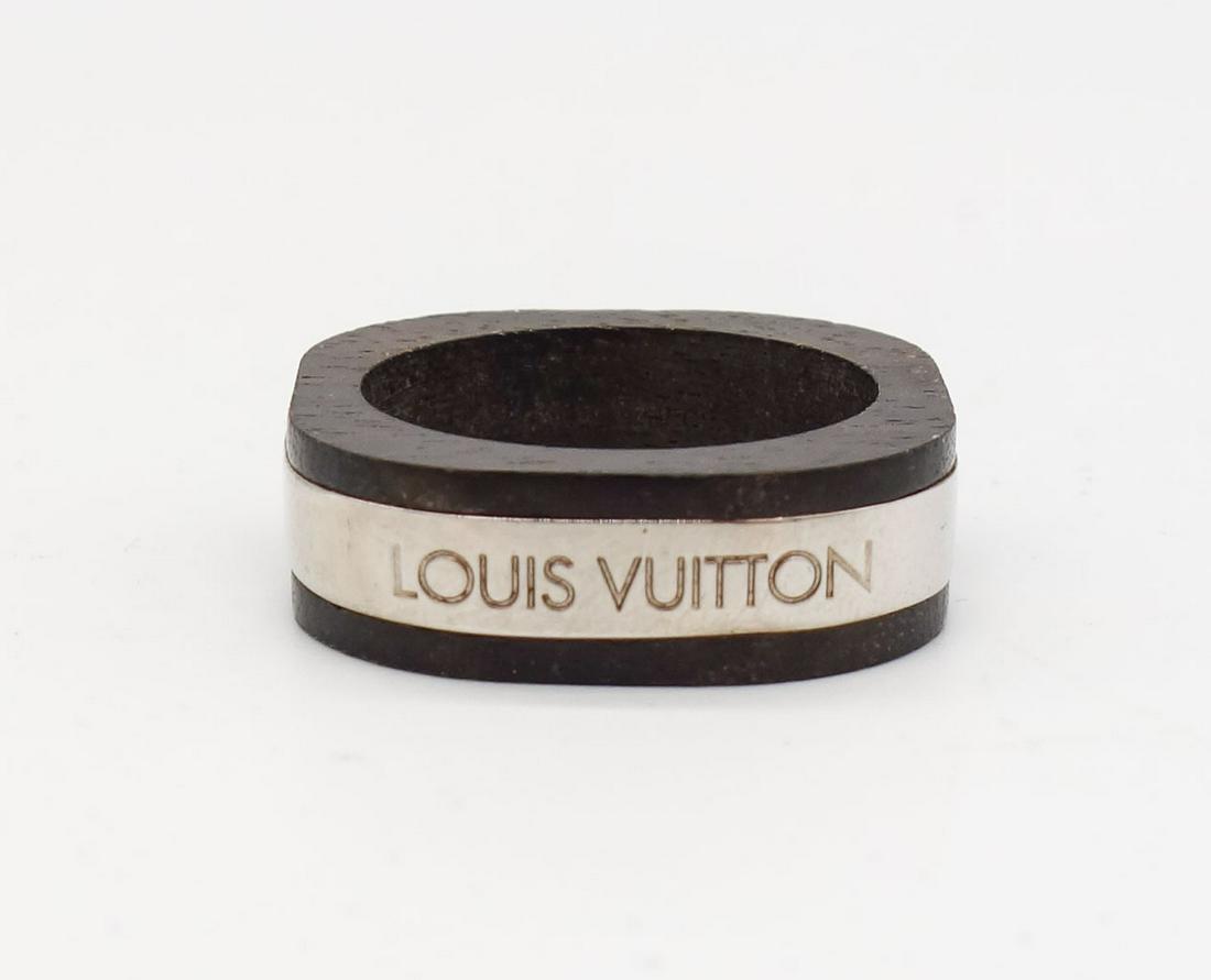 Vintage Designer Louis Vuitton Made in France Wood and Stainless Steel Monogrammed Ring (1 of 6)
