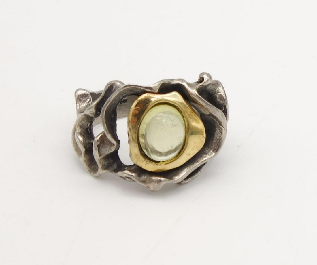 Vintage Studio Sterling Silver 14K Gold Biomorphic Yellow Cabochon Ring Size 8.75 (1 of 4)