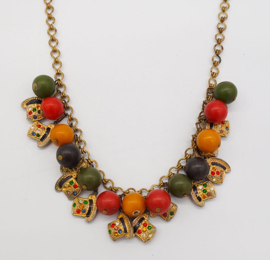 Vintage Mid Century Colorful Bakelite Bead Necklace w Jeweled Top Hat Dangles (1 of 2)
