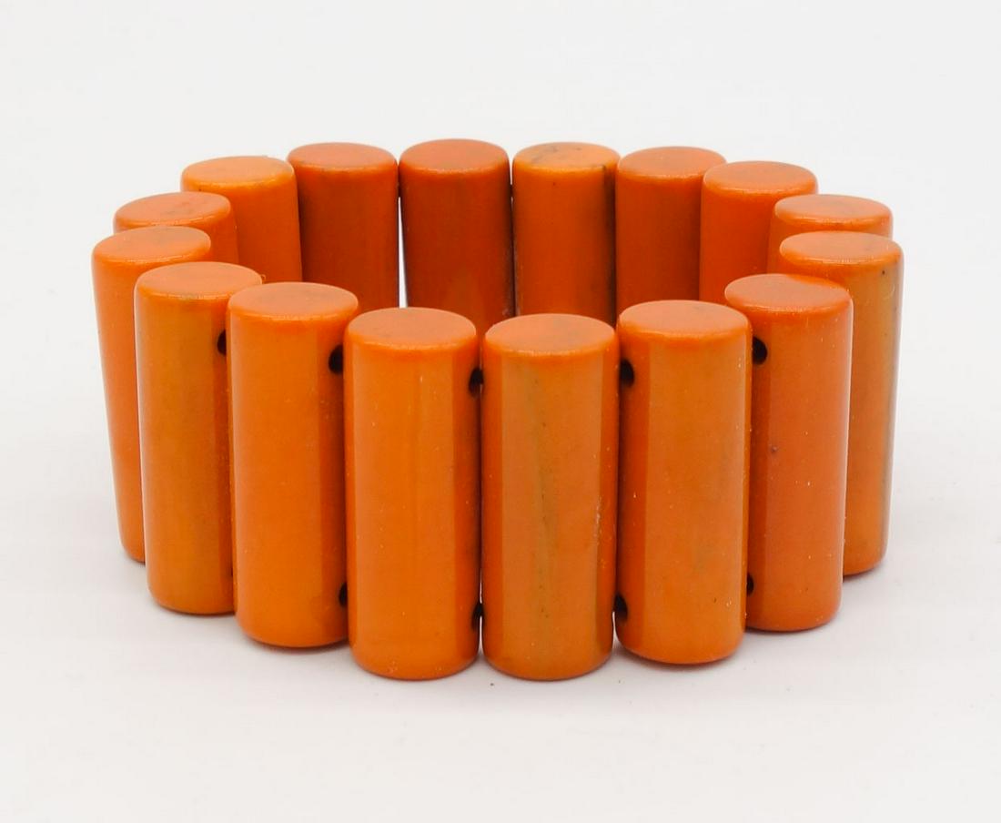 Vintage Mid Century Orange Marbled Bakelite Long Bead Stretch Bracelet (1 of 3)