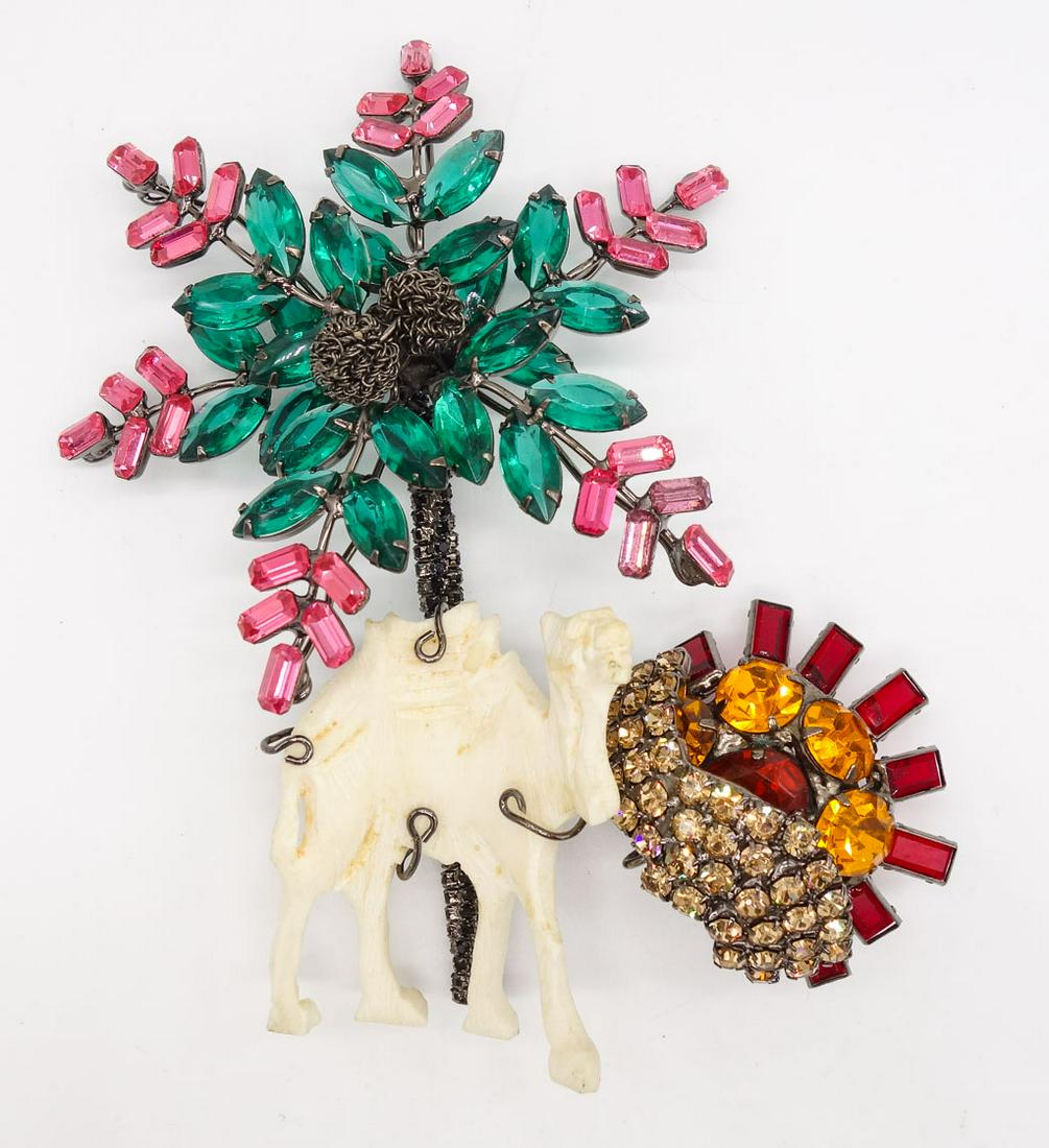 Vintage Mid Century Lawrence VRBA Designer Rhinestone Palm Tree Camel Oasis Brooch Pin (1 of 3)