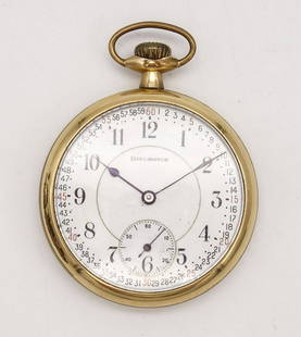 Antique Burlington Watch Co 21J Double Roller RR Railroad Pocket Watch: This is an antique c1920 gold plated double roller 21 jewel open face pocket watch from the Burlington Watch Company of Springfield, Illinois. The serial number is 3724176. The total length is 2 1/2"