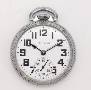 Vintage 1946 Hamilton RR Railroad 992B 21J Open Face Pocket Watch: This is a vintage Hamilton railroad 992B grade pocket watch produced in 1946. The open face watch has 21 jewels and is adjusted 6 positions. The serial number is C166398. The total length is 2 1/2" in